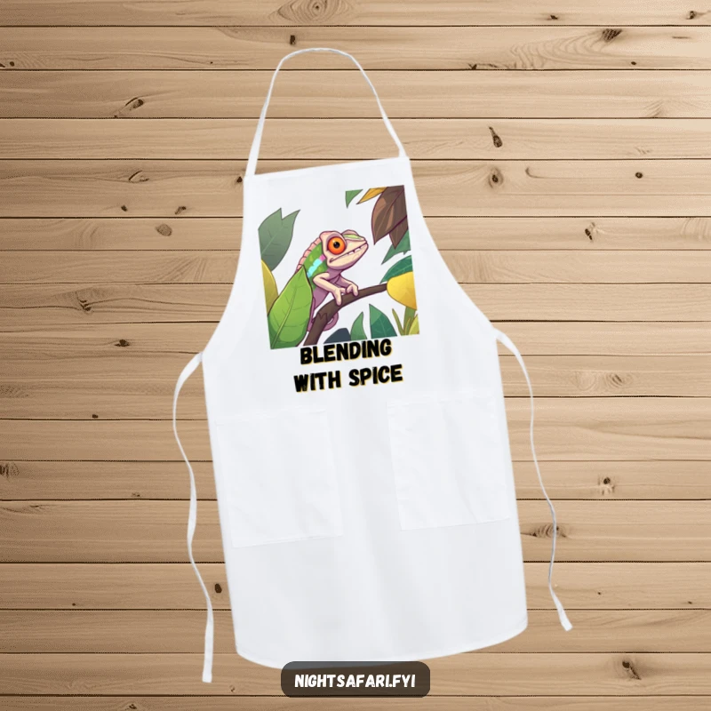 Funny apron featuring a determined chameleon expertly camouflaged on a vibrant jungle leaf, designed for culinary artists who enjoy a touch of wit.