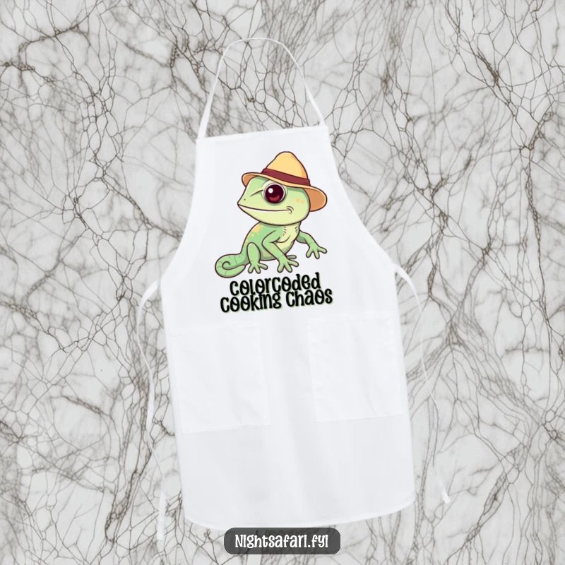 Funny Chameleon Apron: A cheerful chameleon in a safari hat, changing colors, protecting clothes with humor during cooking.