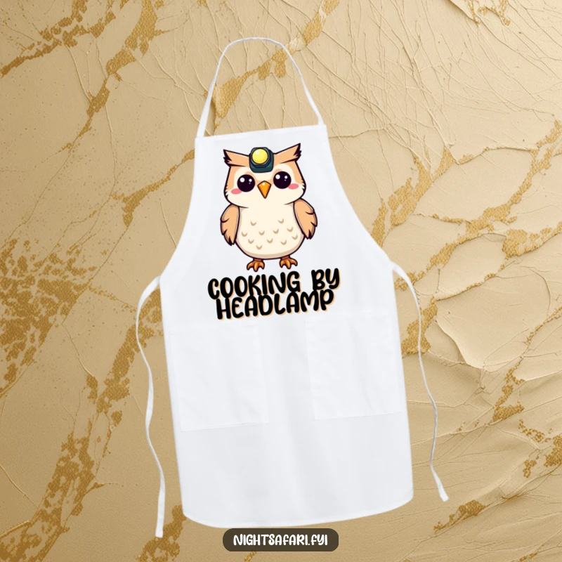 Funny Owl Apron featuring a happy owl with a headlamp, ready to assist in the kitchen with a delightful hoot.