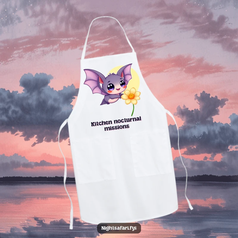 Funny apron showcasing a sweet bat with wide, happy eyes, fluttering near a luminous, glowing flower, perfect for enchanted cooking.