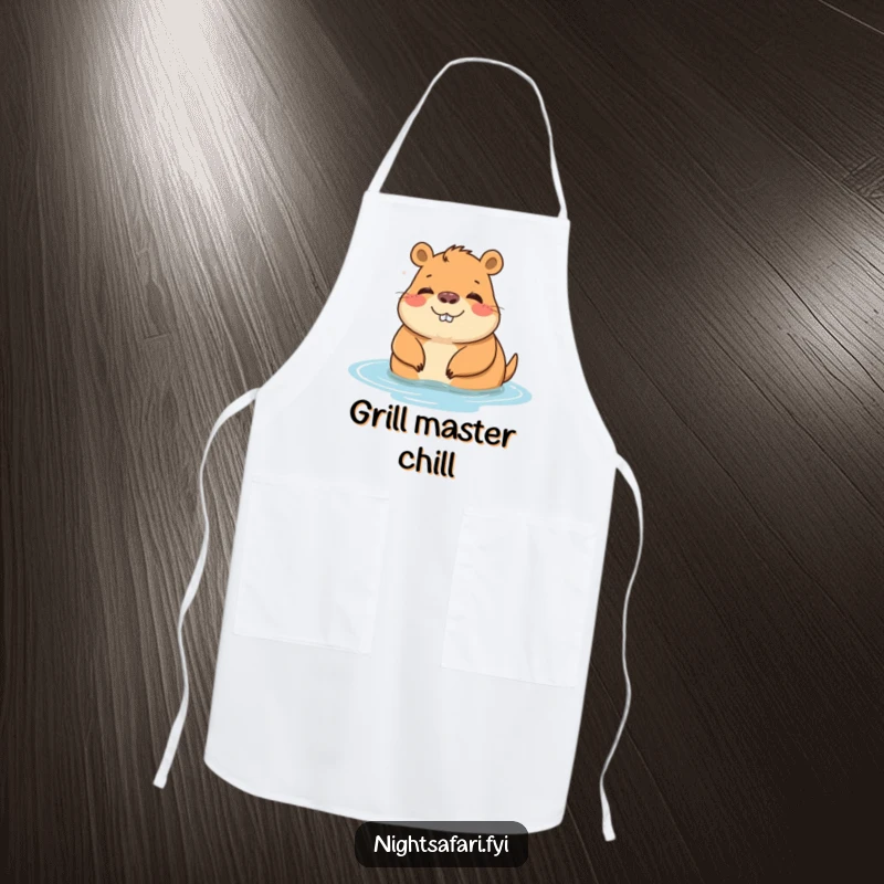 Funny apron featuring a cheerful capybara character relaxing by water, ideal for kitchen duties with a calm vibe.