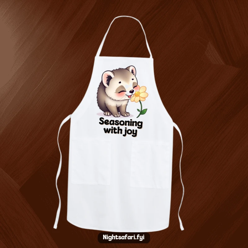 Funny apron showing a happy civet cat joyfully sniffing a glowing flower, adding natural charm to cooking.