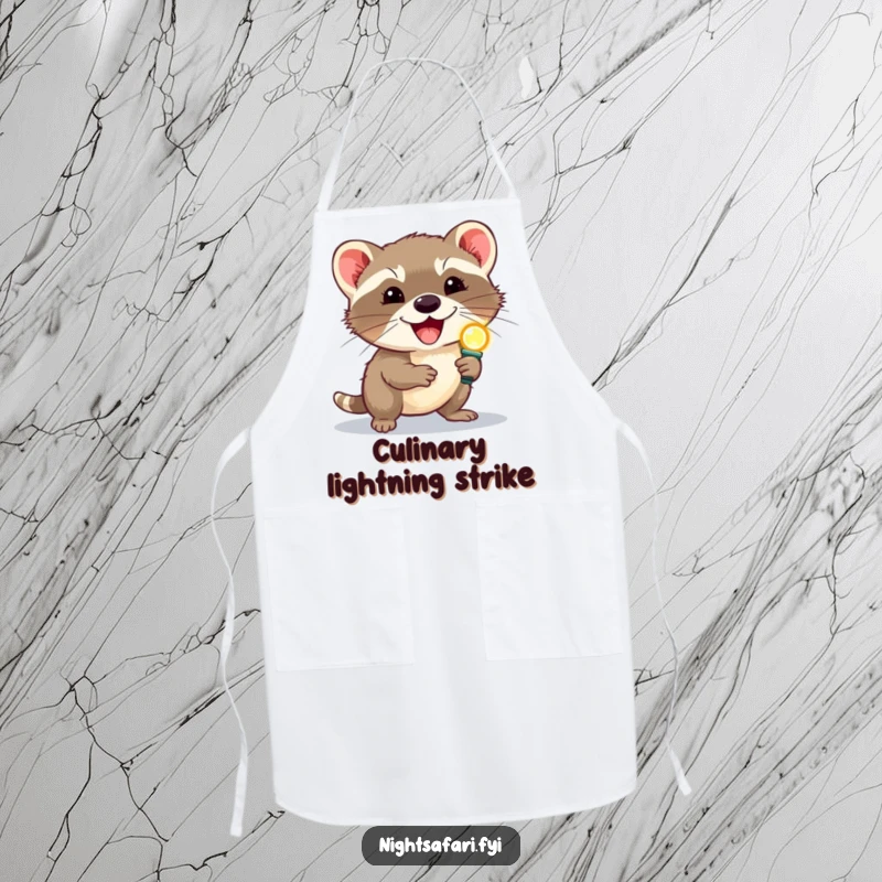 Funny delighted civet wearing a headlamp scurrying, on a fun apron for kitchen enthusiasts who enjoy humor.