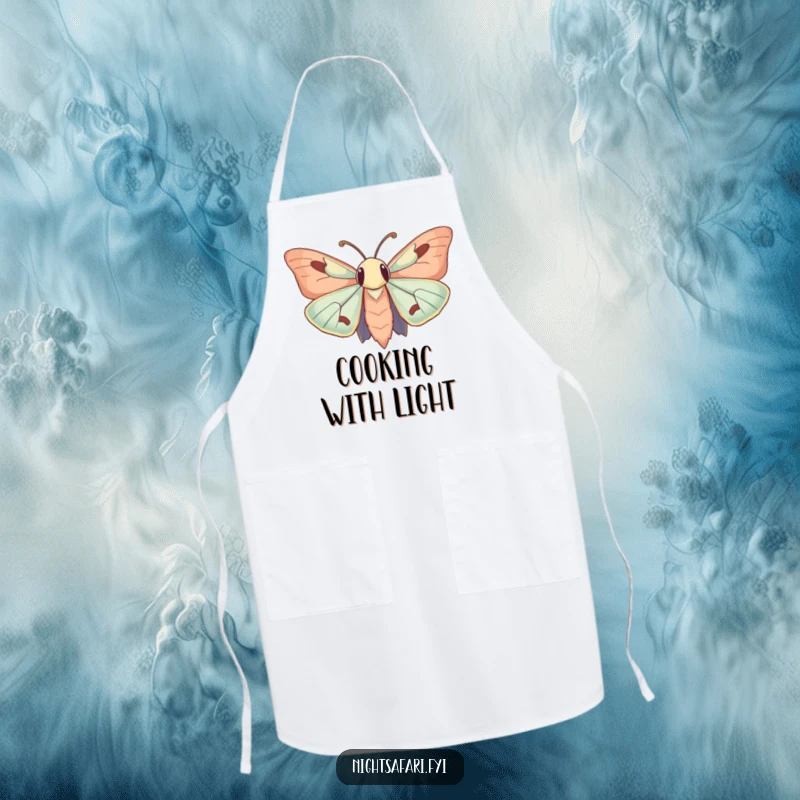 Funny Apron: A moth with large, curious antennae humorously drawn to a gentle light, perfect for kitchen fun.