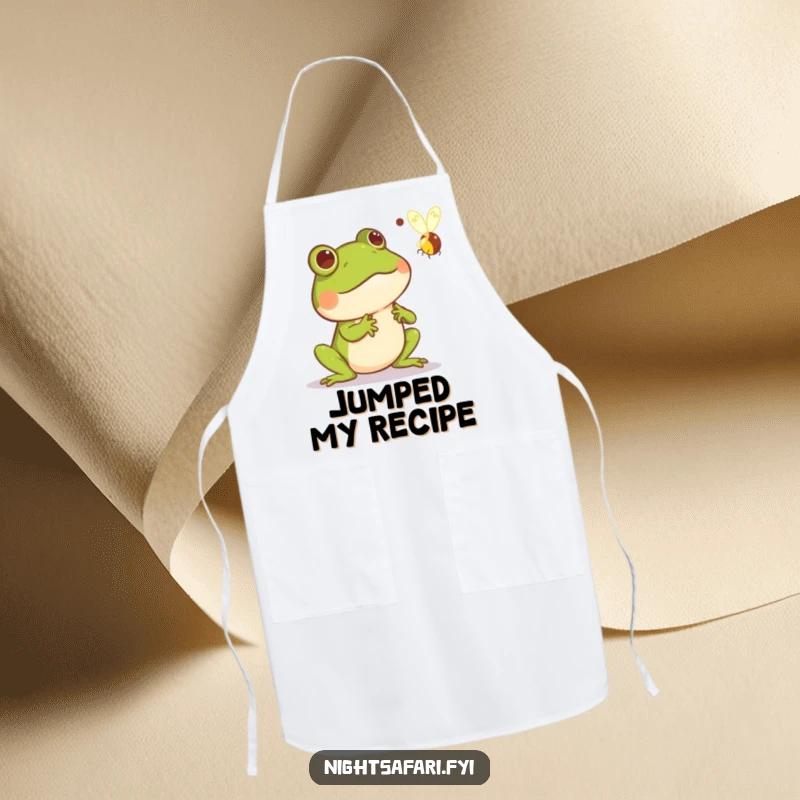 Funny apron showcasing a frog comically startled by a glowing firefly, designed for aspiring chefs who appreciate kitchen humor.