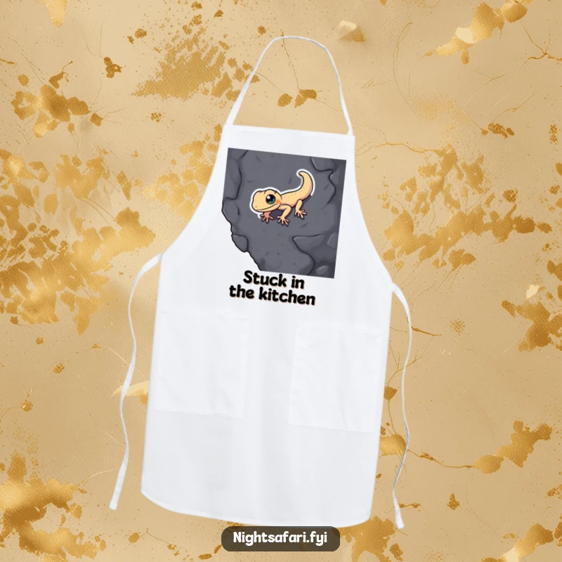 Funny Gecko Apron: A determined gecko humorously climbs, ready for kitchen duty, a great funny gift.