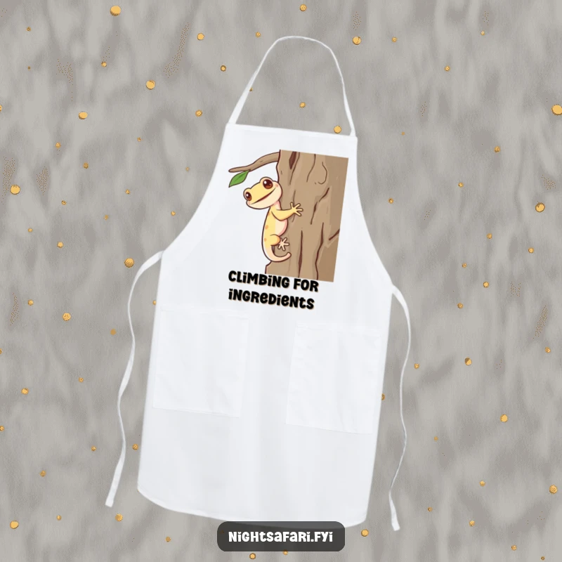 Funny Gecko Apron: A giggling gecko with a long tail scurrying up bark, adding humor to kitchen tasks.