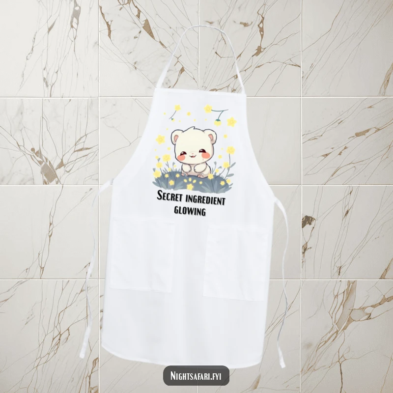 Funny kitchen apron with a giggling shy creature hiding amongst glowing fireflies, perfect for cooking with a touch of magic.