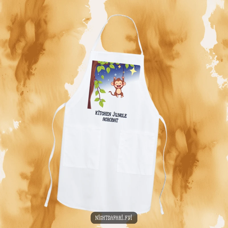 Funny apron with a playful monkey swinging from a vine under a starry sky, for cooking.