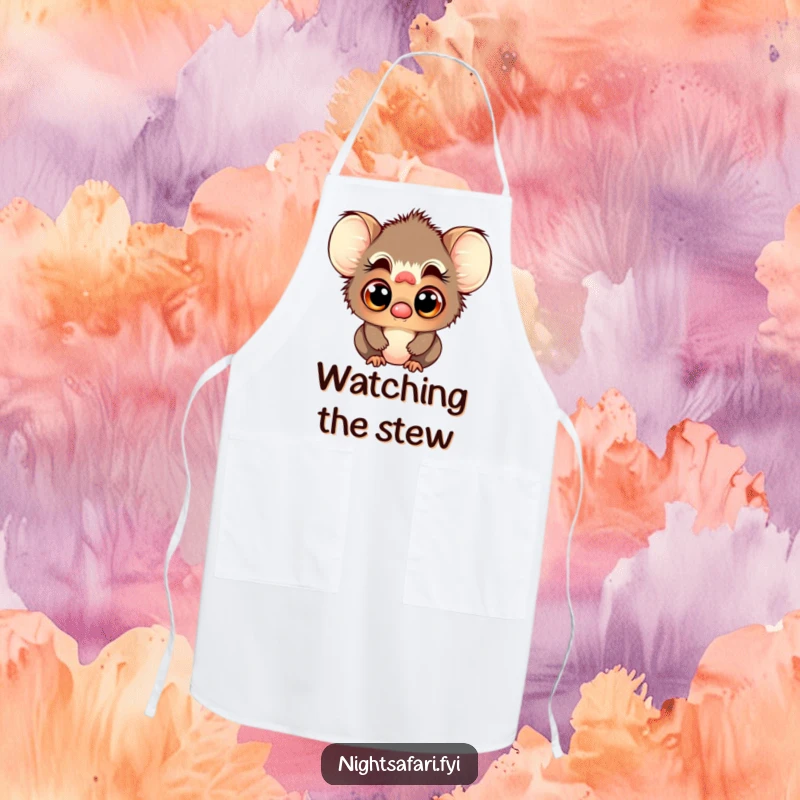 Funny apron with a playful tarsier character and large, curious eyes, ideal for kitchen adventures.