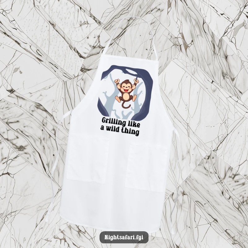 Funny monkey apron showing a jubilant monkey swinging playfully while cooking, adding humor to the kitchen.