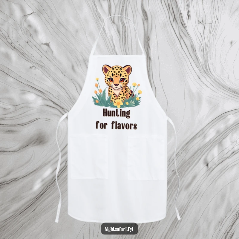 Funny Apron: A leopard with gentle eyes playfully stalking through luminous, glowing flora, perfect for kitchen humor.