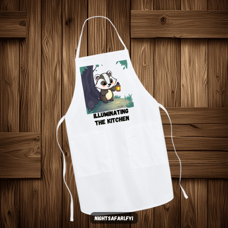 Funny badger wearing a lantern on this apron, adding adventurous charm to your kitchen duties.