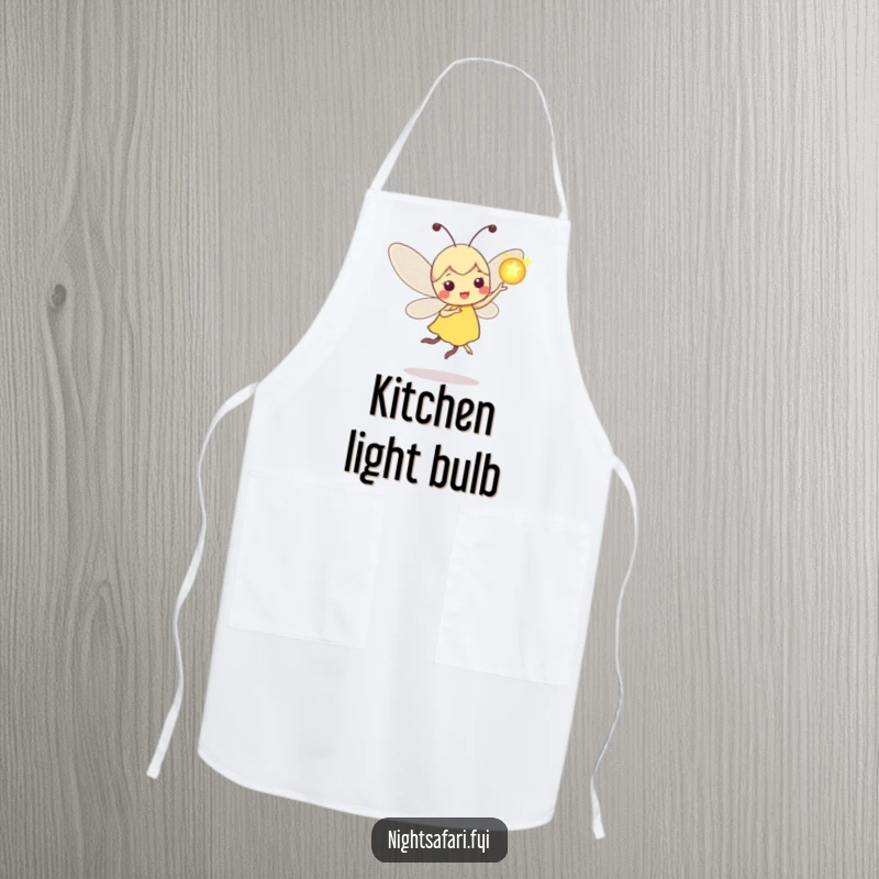 Funny Firefly Apron: Playful firefly character dancing with a glowing orb, for kitchen adventures.