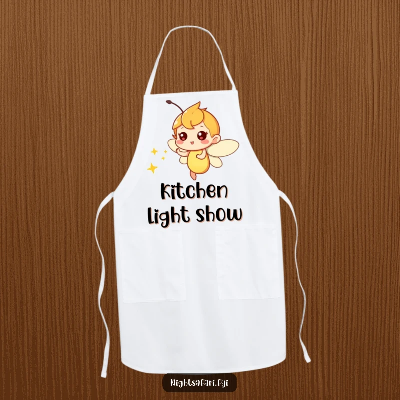 Funny apron with a playful firefly character zipping around, emitting a soft light, ideal for whimsical cooking.