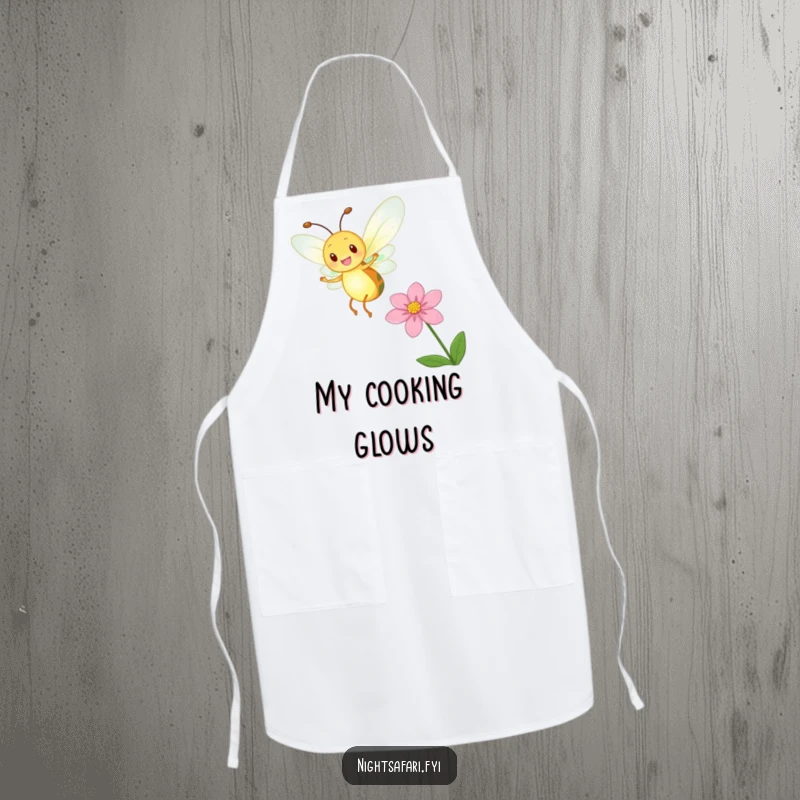 Funny Firefly Apron featuring a delighted firefly with a glowing body dancing near a flower, perfect for kitchen fun.