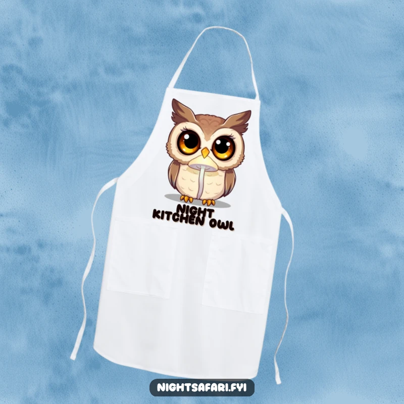 Funny curious owl with oversized eyes, lit by a glowing mushroom, a charming kitchen apron for magical cooks.