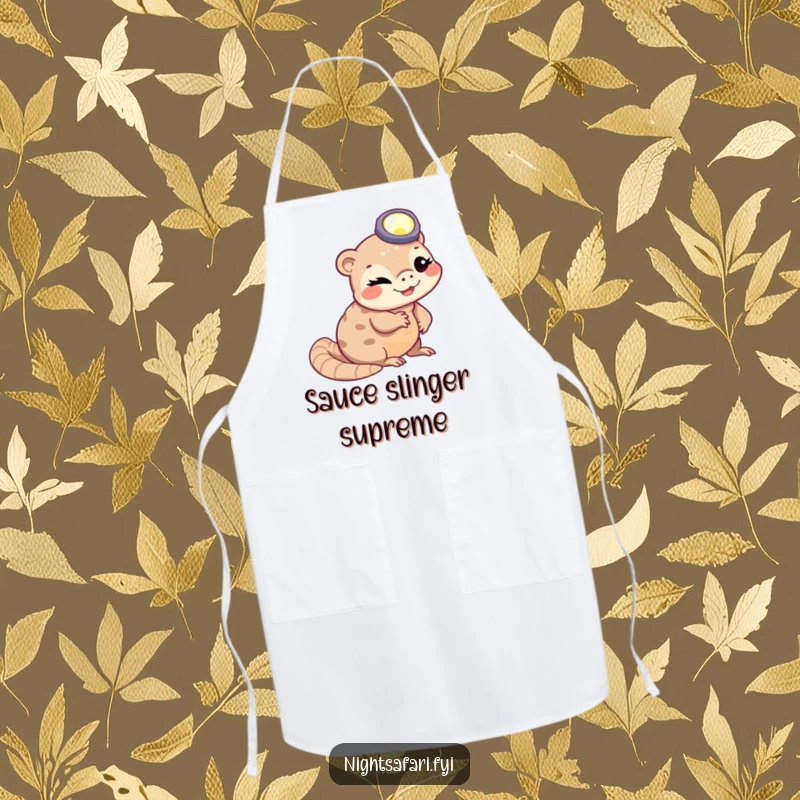 Funny winking pangolin wearing a headlamp slithering, on a fun apron for kitchen enthusiasts who love humor.