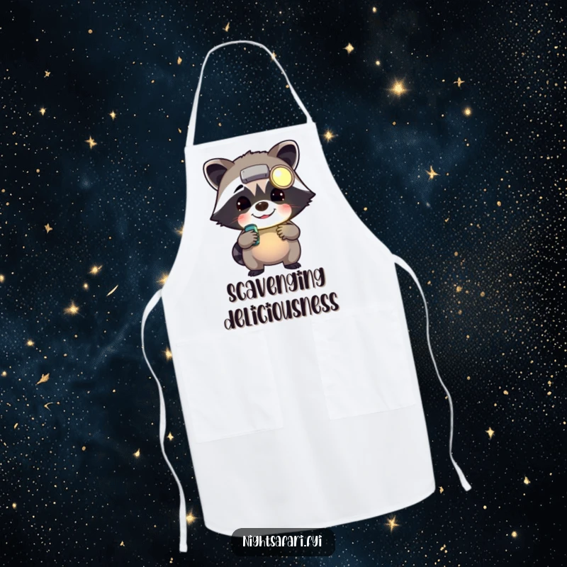 Funny cheerful raccoon wearing a headlamp rummaging, on a fun apron for chefs who enjoy a bit of humor.
