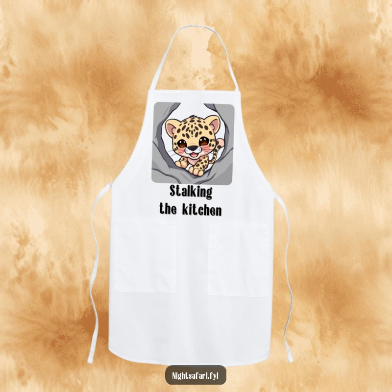 Funny apron depicting a smiling leopard character stealthily lurking in the shadows, ideal for cooking enthusiasts.