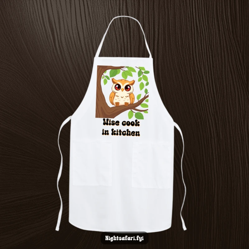 Funny kitchen apron with a happy owl peering from a tree branch with curious eyes, perfect for cooking enthusiasts.