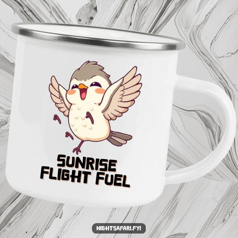 Funny camping mug featuring a giggling nightjar character taking flight, perfect for outdoor adventures and humor.