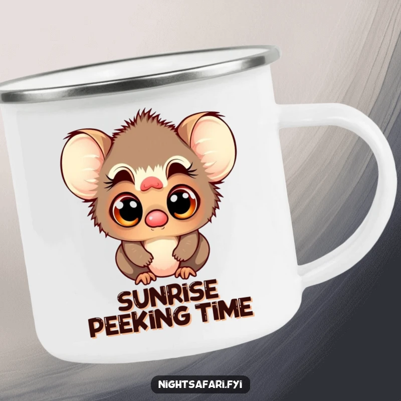 Funny camping mug featuring a playful tarsier character with curious eyes, ready for outdoor exploration.