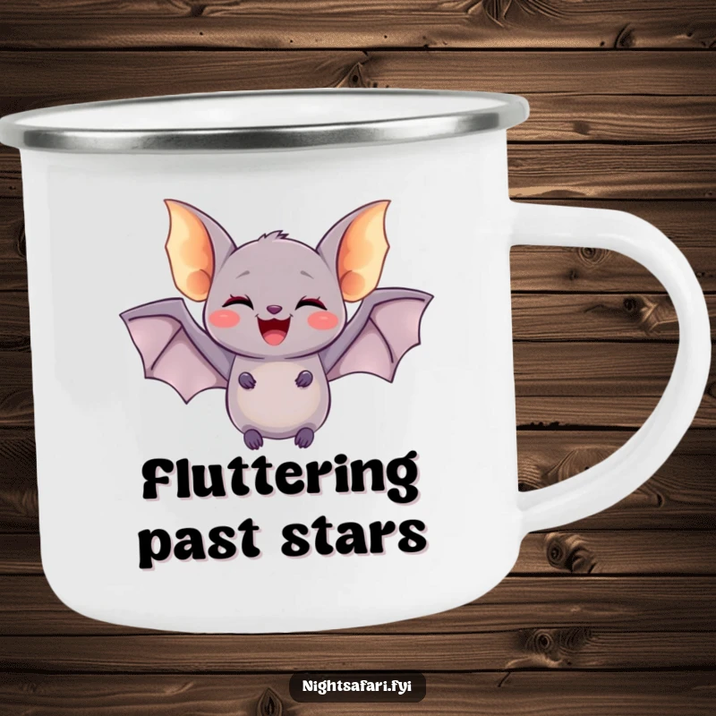 Funny camping mug with a delighted bat having tiny glowing wings, doing a joyful flutter, perfect for outdoor enjoyment humorously.