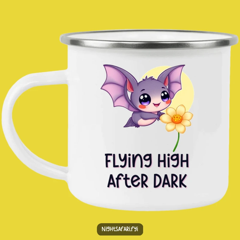 Funny Bat Camping Mug: Happy Eyes Fluttering, Glowing Flower, Adventure Drinkware