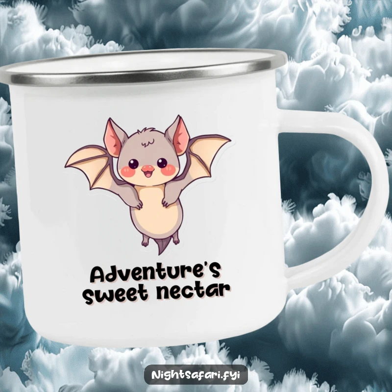 Funny camping mug with a curious bat and tiny wings, doing a playful loop, ready for the outdoors.