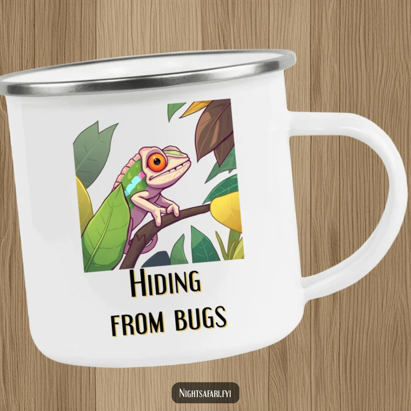 Funny camping mug featuring a determined chameleon perfectly camouflaged against a vibrant jungle leaf, perfect for enjoying drinks outdoors with style.