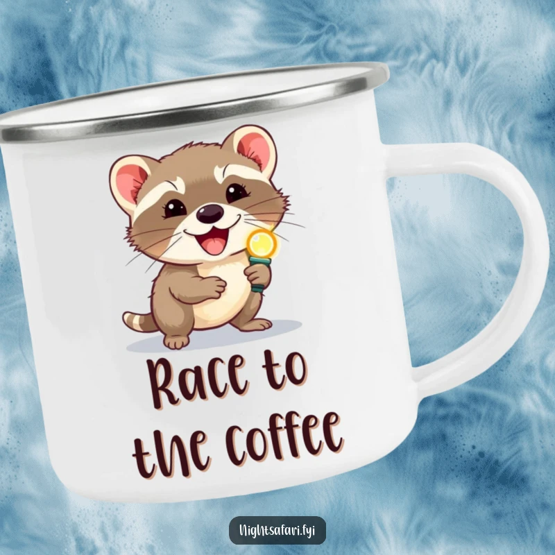 Funny delighted civet wearing a headlamp scurrying, perfect for a durable camping mug for outdoor humor enthusiasts.