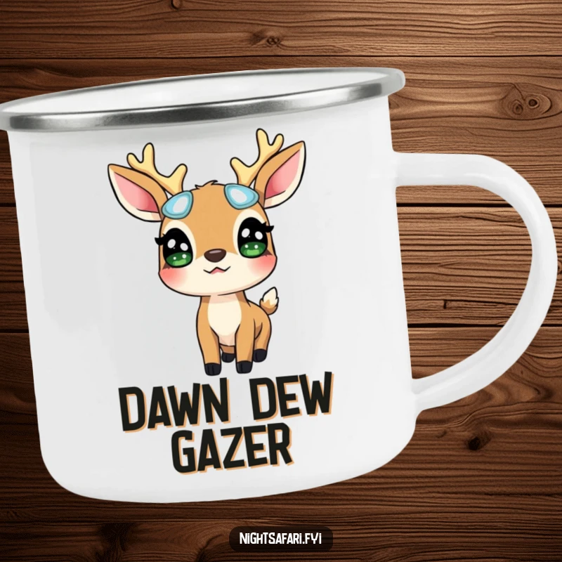 Funny Deer Glowing Eyes Camping Mug: A surprised deer wearing glowing eyes looks up, ideal for outdoor drinks, a sturdy funny gift.