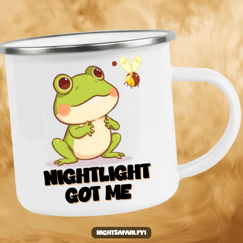 Funny camping mug depicting a frog comically startled by a zipping firefly, perfect for enjoying beverages during outdoor excursions with humor.