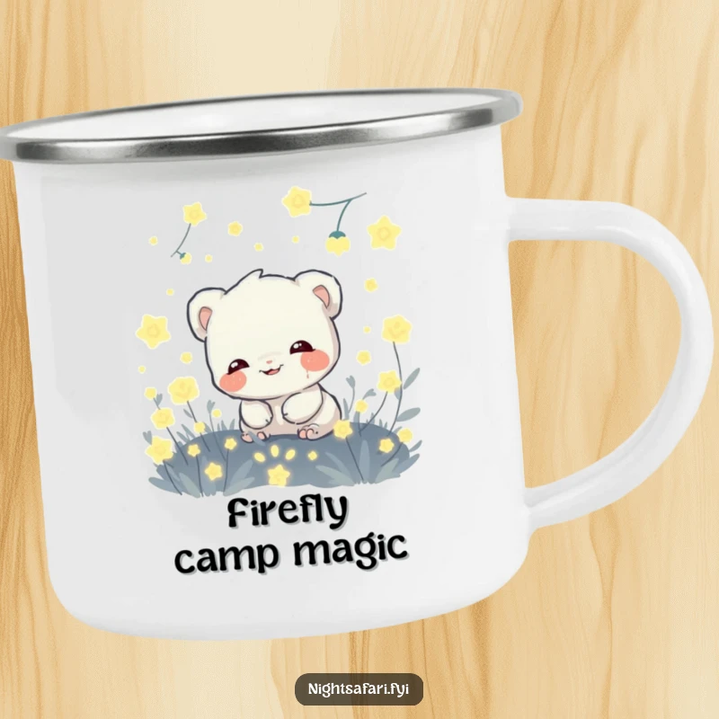 Funny camping mug with a giggling shy creature hiding amongst glowing fireflies, perfect for outdoor enjoyment humorously.