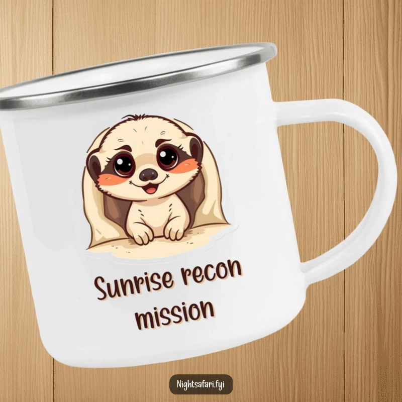 Funny Meerkat Camping Mug showing a cheerful meerkat peeking from its burrow, ideal for enjoying beverages during outdoor adventures.