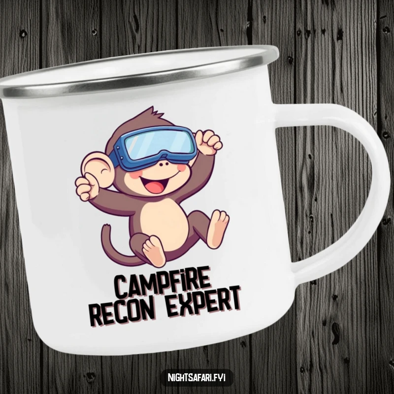 Funny Monkey Camping Mug showing a playful monkey with night vision goggles swinging, perfect for enjoying drinks during outdoor night adventures.
