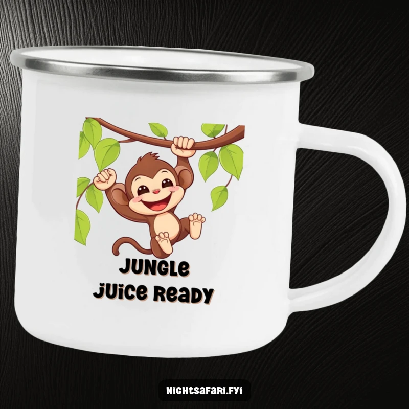 Funny Monkey Camping Mug: Delighted monkey swinging from a vine with a wide smile, for outdoor use.