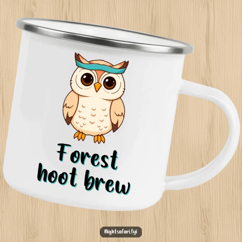 Funny Owl Headband Camping Mug: A cute owl wearing a headband hoots, ideal for outdoor drinks, a sturdy funny gift.