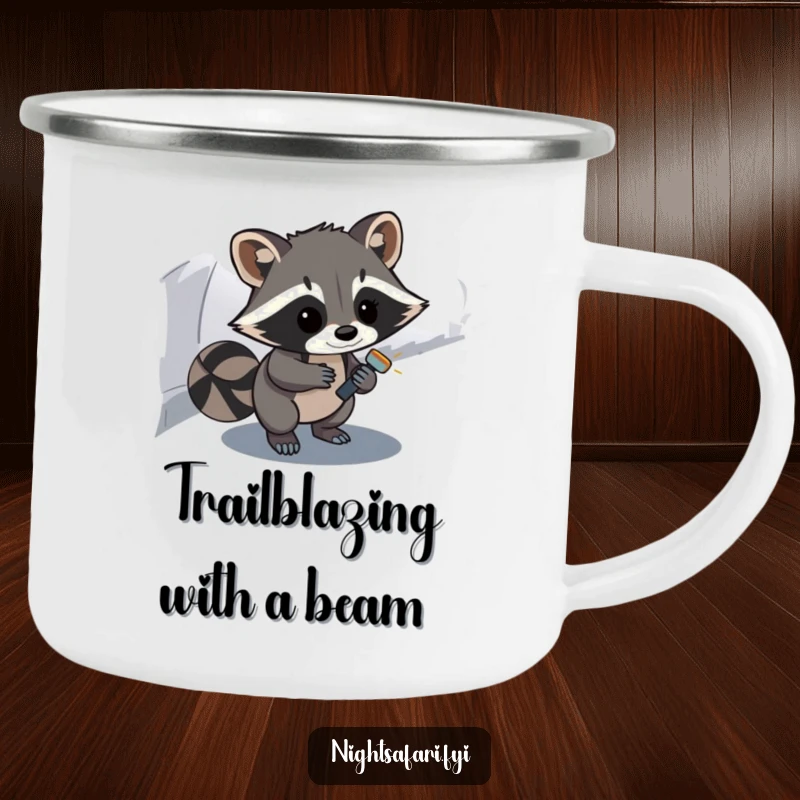 Funny Raccoon Camping Mug: A curious raccoon with a flashlight explores the wilderness, ideal for funny outdoor moments.