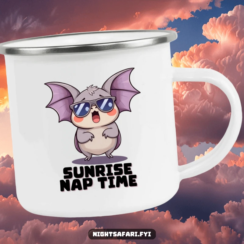 Funny Bat Camping Mug: A sleepy bat with sunglasses yawns, bringing humorous chill to outdoor adventures.