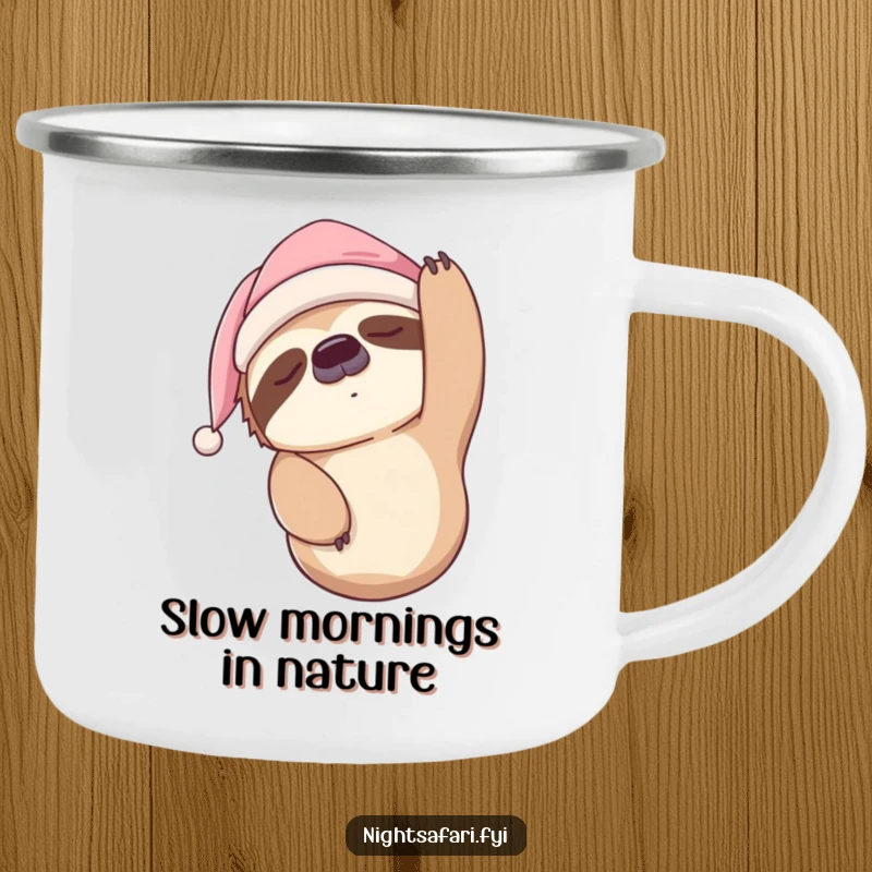 Funny Sloth Nightcap Camping Mug featuring a sleepy sloth hanging upside down, ideal for outdoor enthusiasts who love humor.