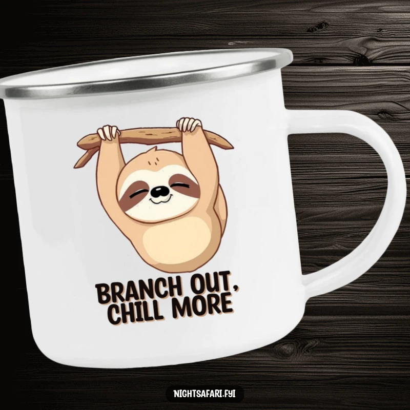 Funny Sloth Wink Camping Mug: A durable mug with a sleepy sloth hanging upside down blinking, perfect for a funny gift.