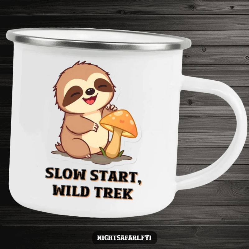 Funny sloth camping mug with a delighted sloth character slowly reaching for a glowing mushroom.