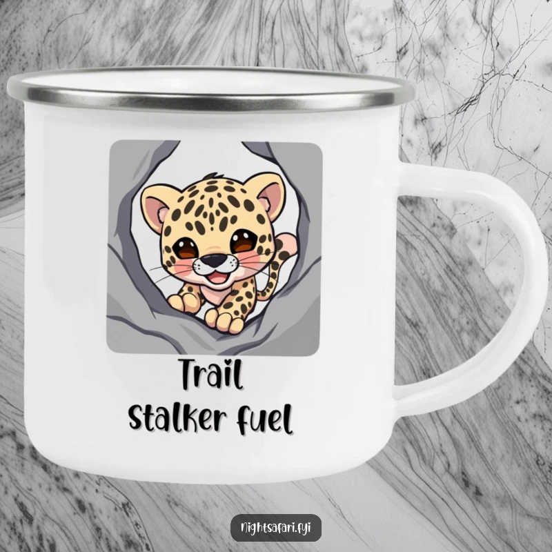 Funny camping mug with a smiling leopard character stealthily stalking through shadows, ready for the wild.