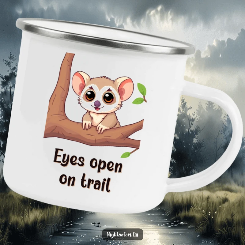 Funny Tarsier Large Eyes Camping Mug featuring a playful tarsier peeking with big eyes, ideal for outdoor enthusiasts.
