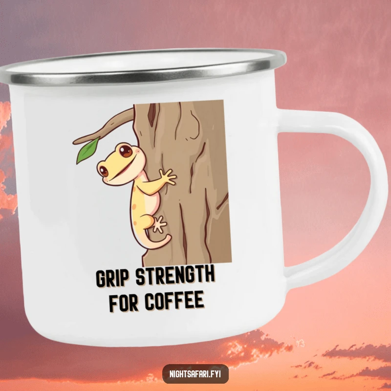 Funny Gecko Camping Mug: A giggling gecko with a long tail scurrying up bark, durable for outdoor adventures and humor.