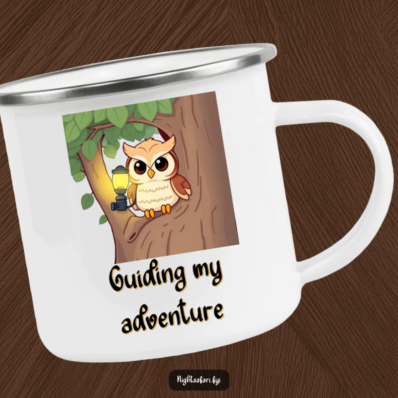 Funny owl wearing a headlamp on this durable camping mug, perfect for night owls and adventurers.