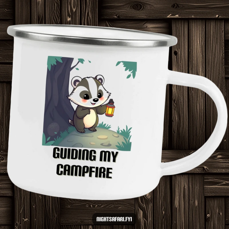 Funny badger with a lantern on this durable camping mug, perfect for exploring the great outdoors.