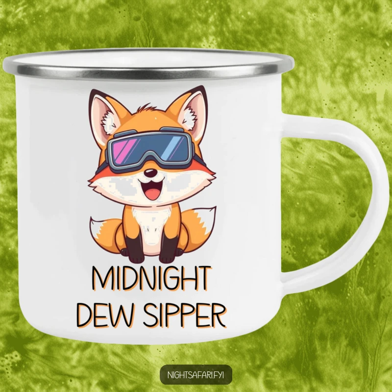 Funny Fox Night Vision Camping Mug: A giggling fox wearing night vision goggles peeks, ideal for night drinks, a sturdy funny gift.